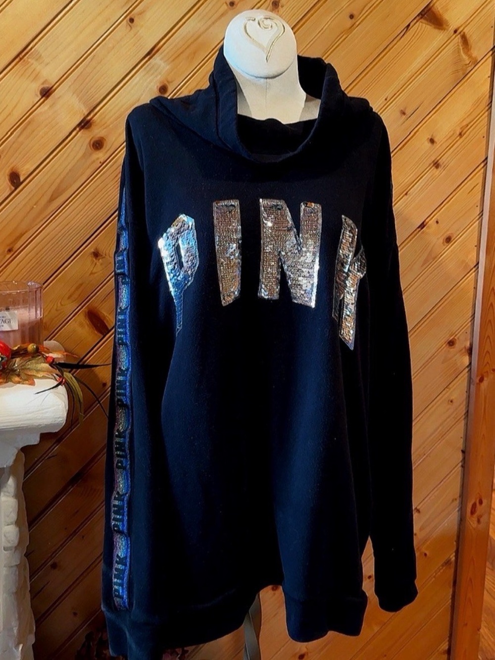 PINK Victoria’s Secret 2014 Sequin Cowl Neck Sweatshirt Large Y2K